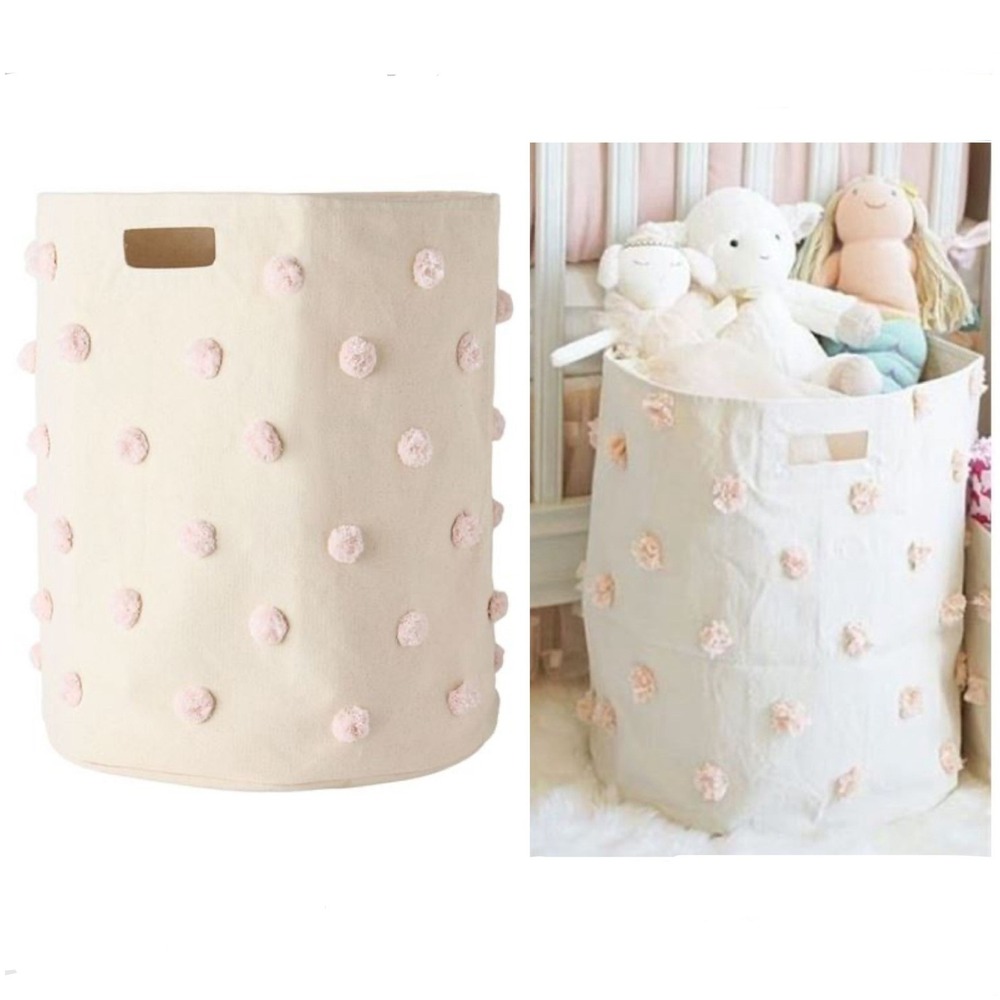 Pehr Tidy Up Pom Pom Hamper 100% Cotton Canvas Pink Cream‎ Nursery Storage Bin